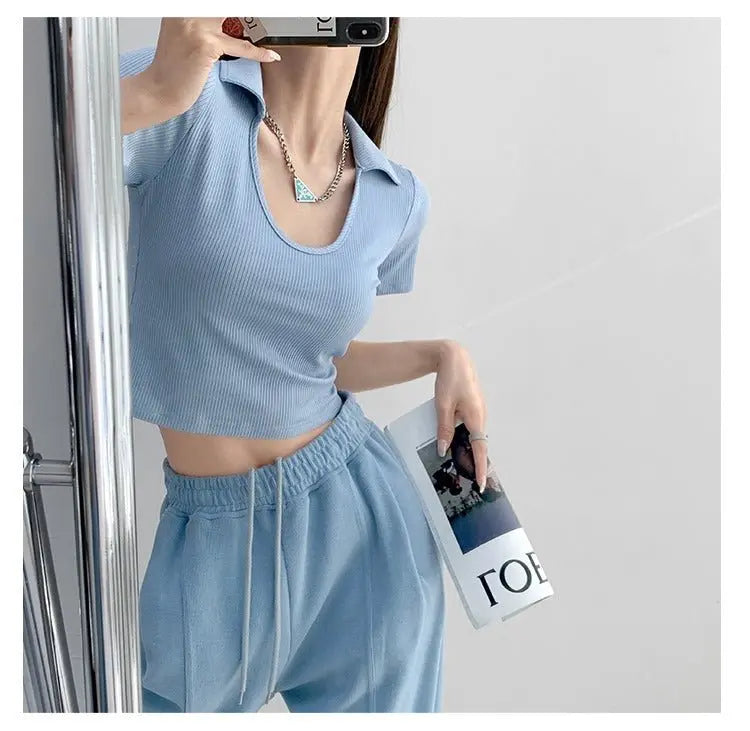 Y2K Tops Women U-shaped Lapel Short Sleeve Tees Summer High Waist Thread Crop Top - Blade & Thread