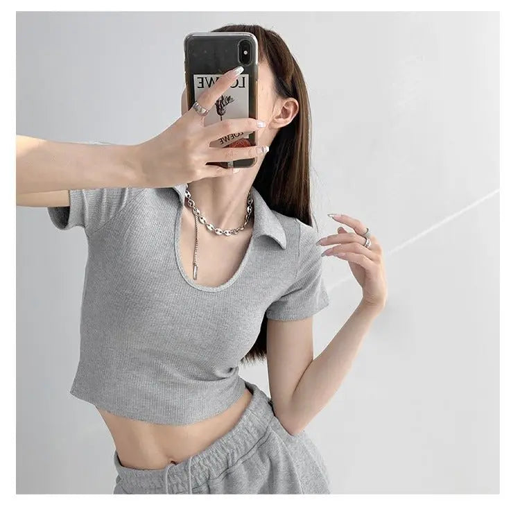 Y2K Tops Women U-shaped Lapel Short Sleeve Tees Summer High Waist Thread Crop Top - Blade & Thread