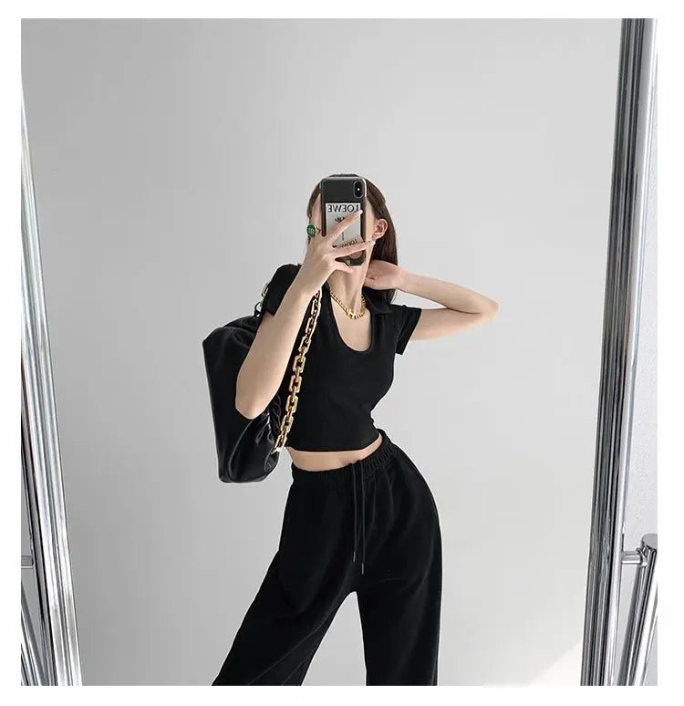 Y2K Tops Women U-shaped Lapel Short Sleeve Tees Summer High Waist Thread Crop Top nowadaysfashion