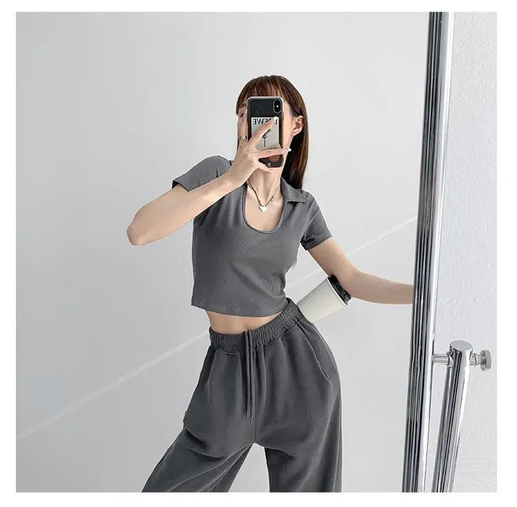 Y2K Tops Women U-shaped Lapel Short Sleeve Tees Summer High Waist Thread Crop Top - Blade & Thread