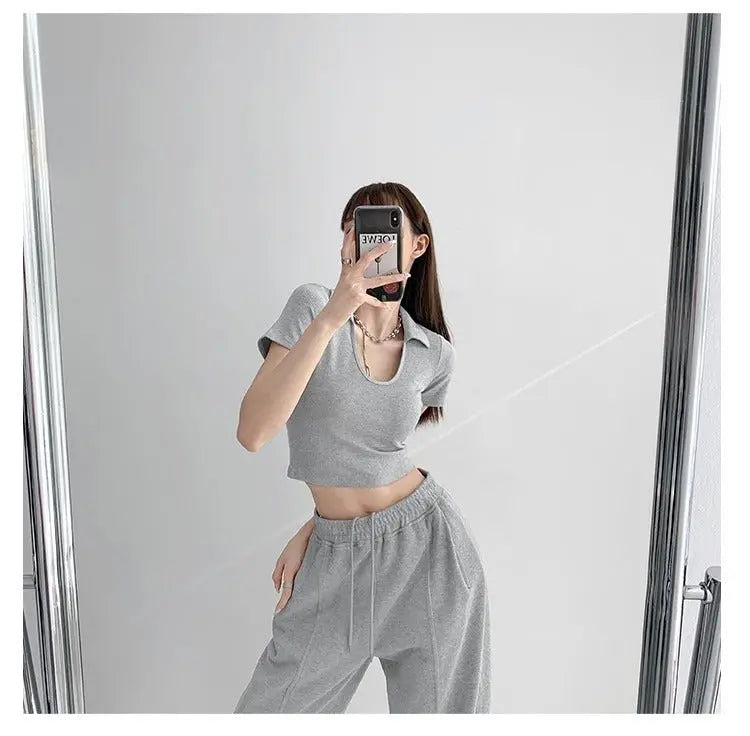 Y2K Tops Women U-shaped Lapel Short Sleeve Tees Summer High Waist Thread Crop Top - Blade & Thread