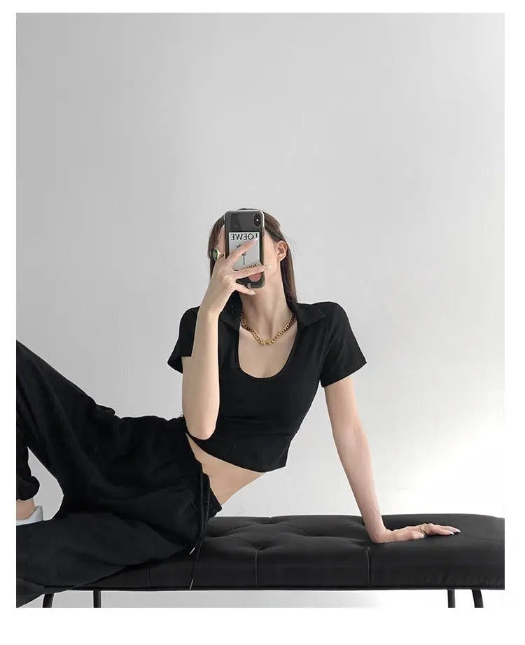 Y2K Tops Women U-shaped Lapel Short Sleeve Tees Summer High Waist Thread Crop Top - Blade & Thread