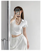 Y2K Tops Women U-shaped Lapel Short Sleeve Tees Summer High Waist Thread Crop Top nowadaysfashion