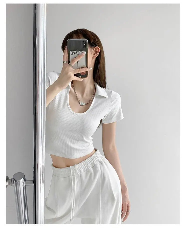 Y2K Tops Women U-shaped Lapel Short Sleeve Tees Summer High Waist Thread Crop Top - Blade & Thread