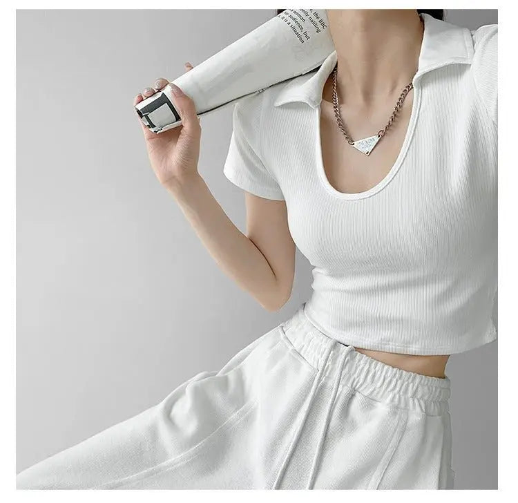 Y2K Tops Women U-shaped Lapel Short Sleeve Tees Summer High Waist Thread Crop Top - Blade & Thread