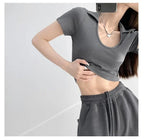 Y2K Tops Women U-shaped Lapel Short Sleeve Tees Summer High Waist Thread Crop Top nowadaysfashion