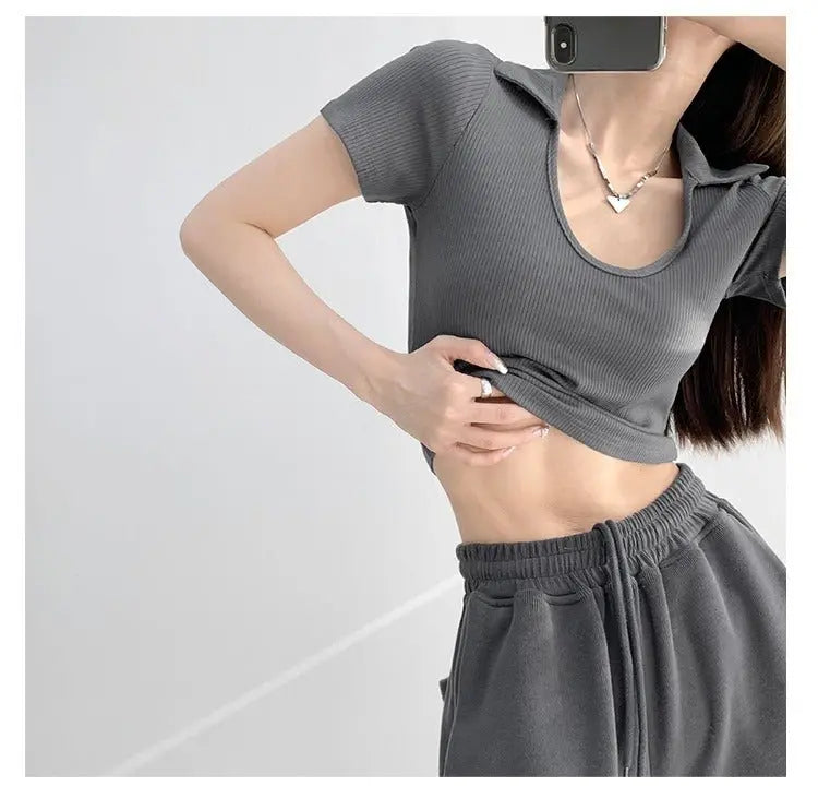 Y2K Tops Women U-shaped Lapel Short Sleeve Tees Summer High Waist Thread Crop Top - Blade & Thread