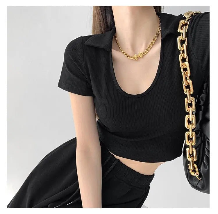 Y2K Tops Women U-shaped Lapel Short Sleeve Tees Summer High Waist Thread Crop Top nowadaysfashion