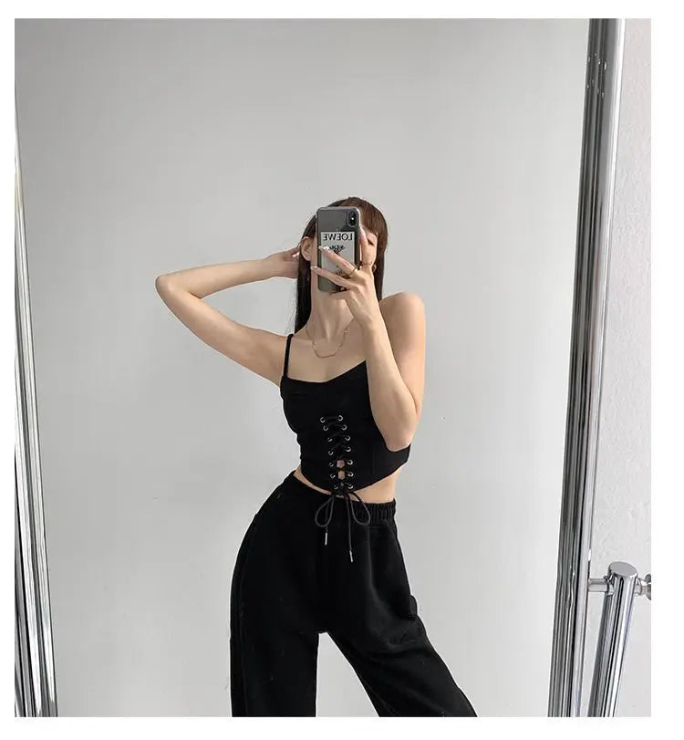Y2k Tunic Tops Women Design Cross Bandage Camis Chic Slim Sleeveless Crop Top Female - Blade & Thread