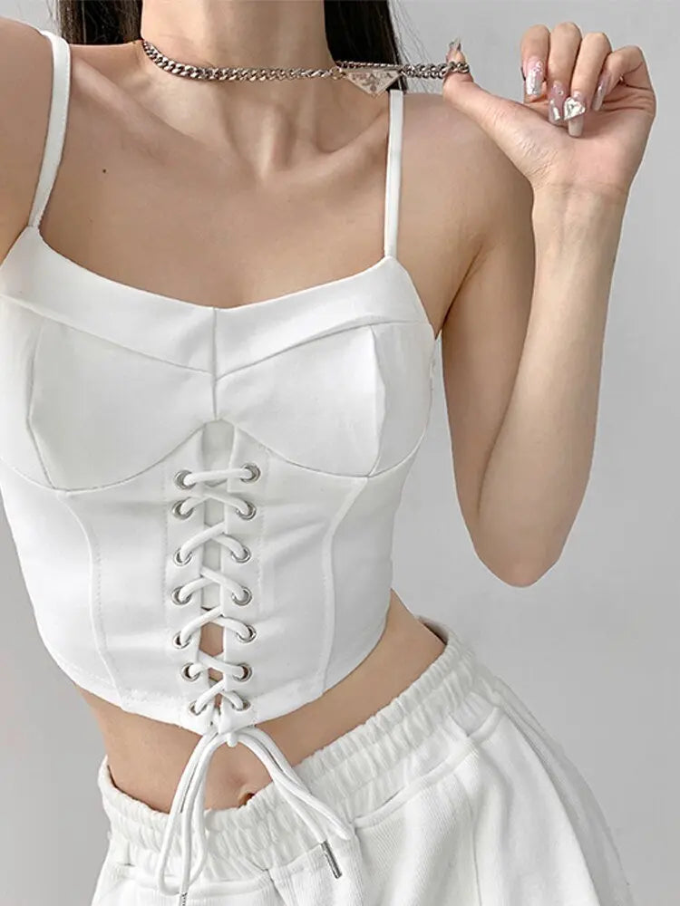 Y2k Tunic Tops Women Design Cross Bandage Camis Chic Slim Sleeveless Crop Top Female - Blade & Thread