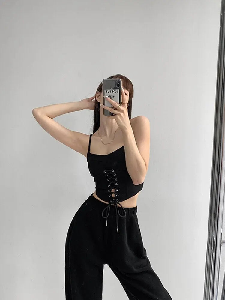 Y2k Tunic Tops Women Design Cross Bandage Camis Chic Slim Sleeveless Crop Top Female - Blade & Thread