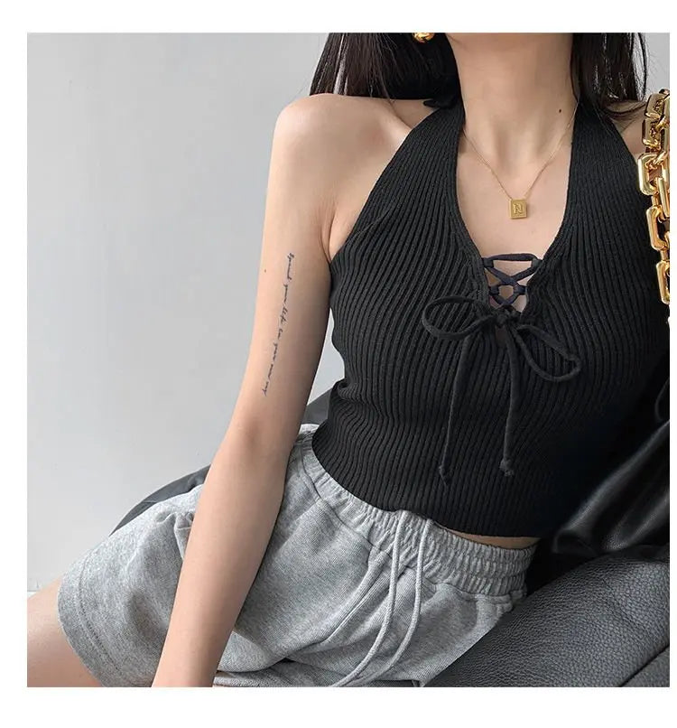 Y2K Women Fashion Slim V-neck Halter Vest Solid Color Woman Bandage Crop Tops - Blade & Thread