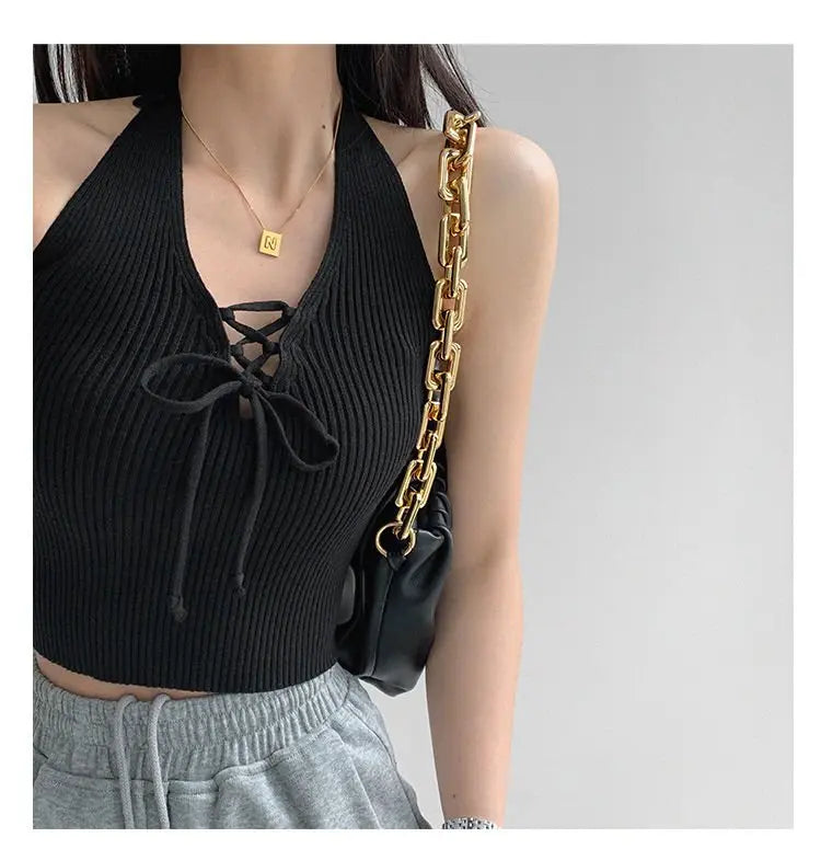 Y2K Women Fashion Slim V-neck Halter Vest Solid Color Woman Bandage Crop Tops nowadaysfashion