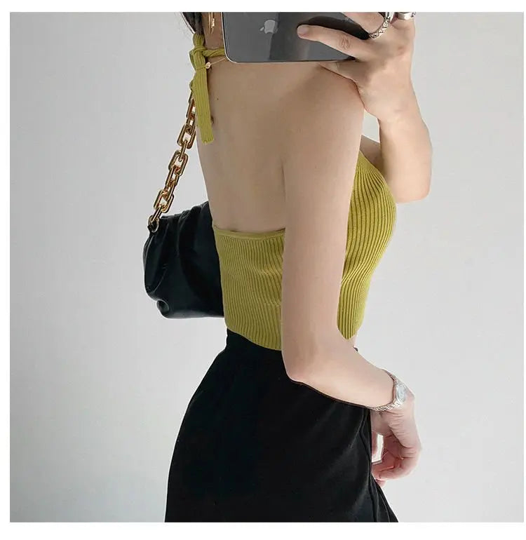 Y2K Women Fashion Slim V-neck Halter Vest Solid Color Woman Bandage Crop Tops nowadaysfashion