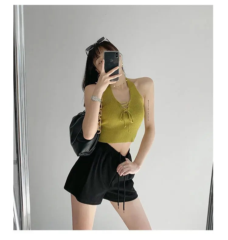 Y2K Women Fashion Slim V-neck Halter Vest Solid Color Woman Bandage Crop Tops - Blade & Thread