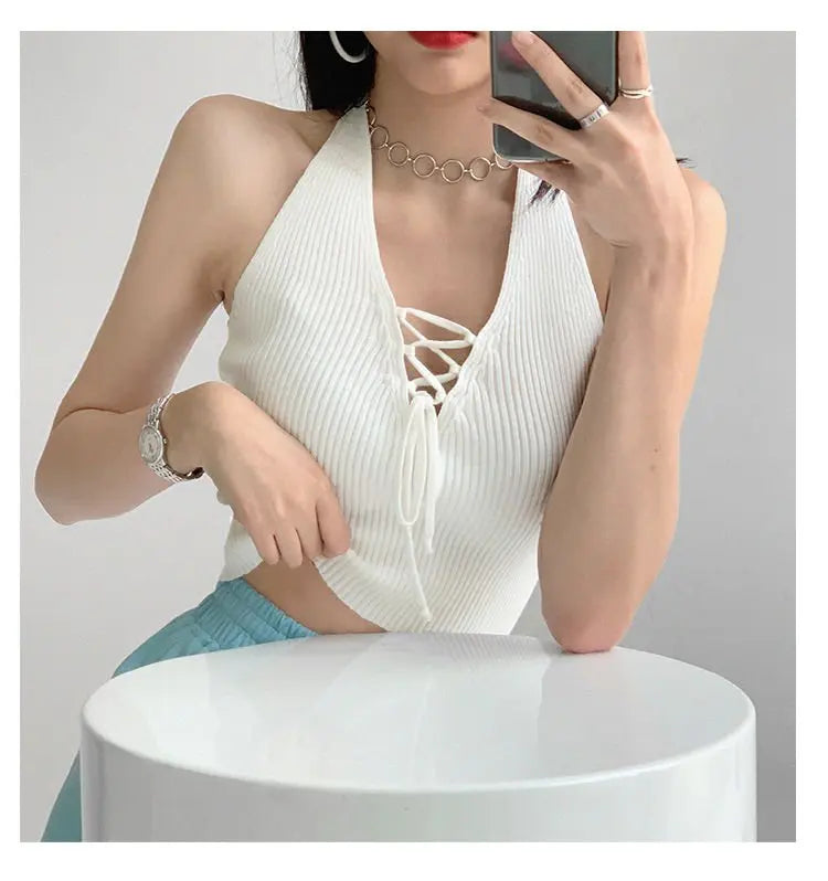 Y2K Women Fashion Slim V-neck Halter Vest Solid Color Woman Bandage Crop Tops - Blade & Thread