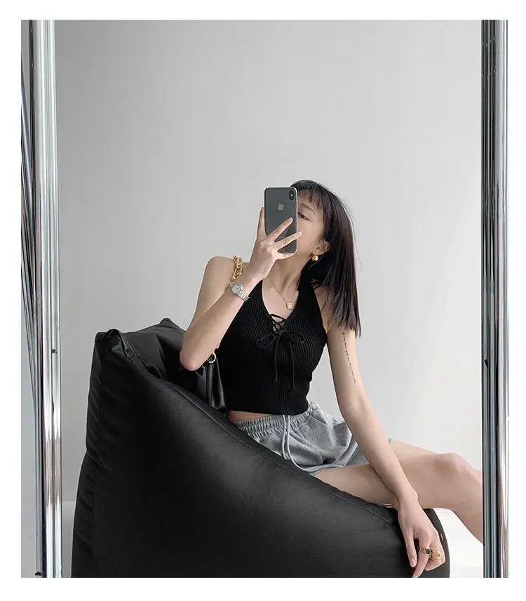 Y2K Women Fashion Slim V-neck Halter Vest Solid Color Woman Bandage Crop Tops - Blade & Thread