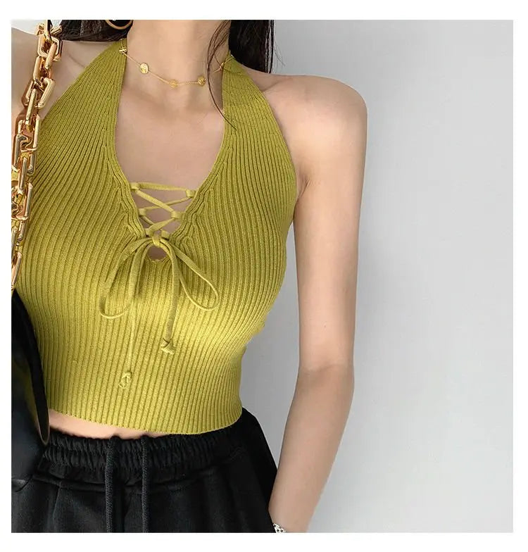 Y2K Women Fashion Slim V-neck Halter Vest Solid Color Woman Bandage Crop Tops - Blade & Thread