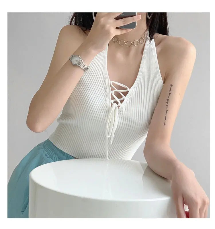 Y2K Women Fashion Slim V-neck Halter Vest Solid Color Woman Bandage Crop Tops nowadaysfashion