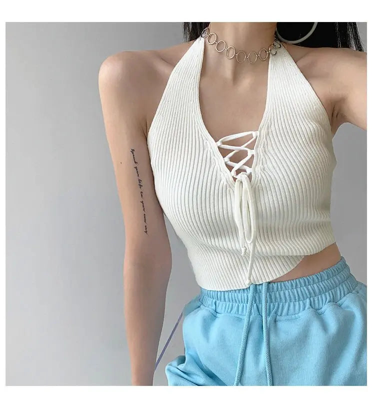 Y2K Women Fashion Slim V-neck Halter Vest Solid Color Woman Bandage Crop Tops - Blade & Thread