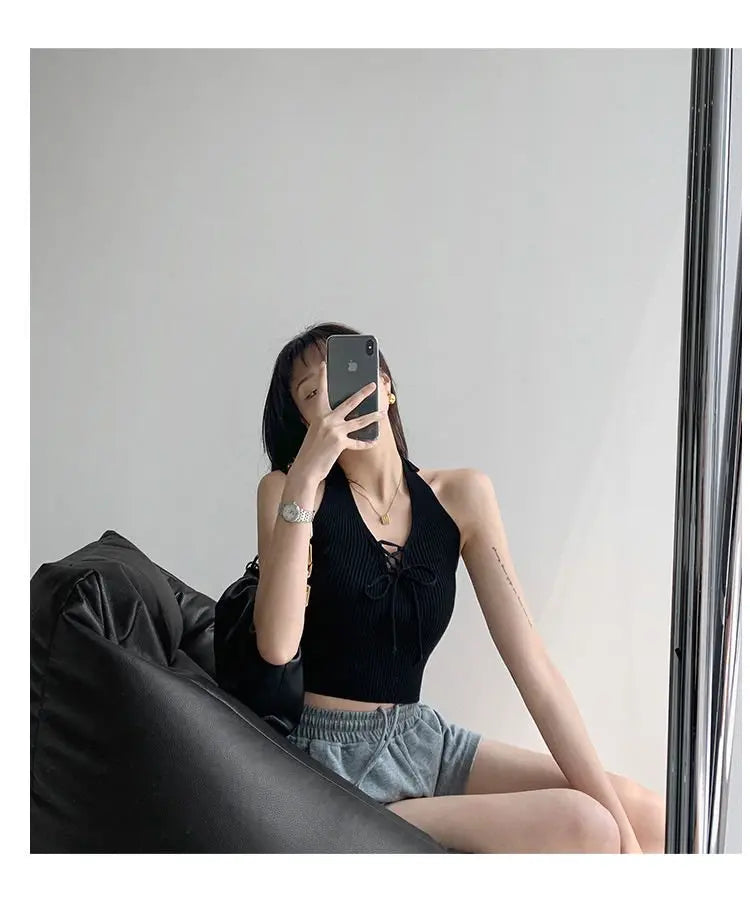 Y2K Women Fashion Slim V-neck Halter Vest Solid Color Woman Bandage Crop Tops - Blade & Thread