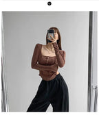 y2k Women T-shirt Single Breasted Long Sleeve Tees Patchwork Square Neck Cropped Tops nowadaysfashion