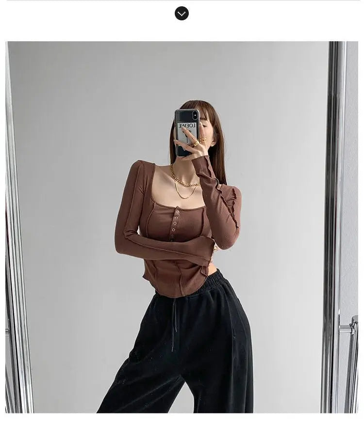 y2k Women T-shirt Single Breasted Long Sleeve Tees Patchwork Square Neck Cropped Tops - Blade & Thread
