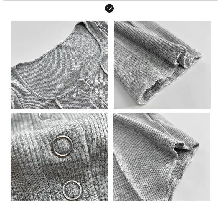 y2k Women T-shirt Single Breasted Long Sleeve Tees Patchwork Square Neck Cropped Tops - Blade & Thread