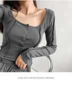 y2k Women T-shirt Single Breasted Long Sleeve Tees Patchwork Square Neck Cropped Tops nowadaysfashion
