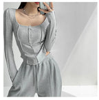 y2k Women T-shirt Single Breasted Long Sleeve Tees Patchwork Square Neck Cropped Tops nowadaysfashion