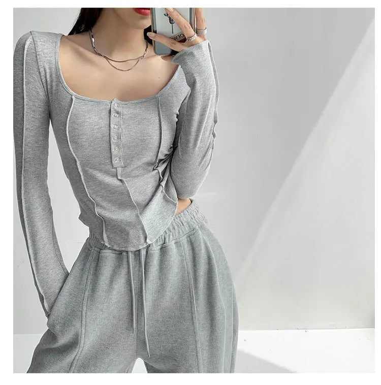 y2k Women T-shirt Single Breasted Long Sleeve Tees Patchwork Square Neck Cropped Tops - Blade & Thread