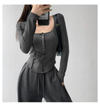 y2k Women T-shirt Single Breasted Long Sleeve Tees Patchwork Square Neck Cropped Tops nowadaysfashion