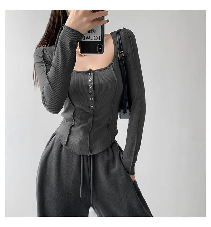 y2k Women T-shirt Single Breasted Long Sleeve Tees Patchwork Square Neck Cropped Tops - Blade & Thread