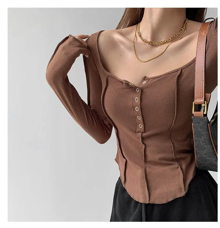y2k Women T-shirt Single Breasted Long Sleeve Tees Patchwork Square Neck Cropped Tops - Blade & Thread