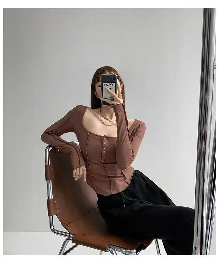 y2k Women T-shirt Single Breasted Long Sleeve Tees Patchwork Square Neck Cropped Tops - Blade & Thread