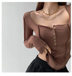 y2k Women T-shirt Single Breasted Long Sleeve Tees Patchwork Square Neck Cropped Tops nowadaysfashion