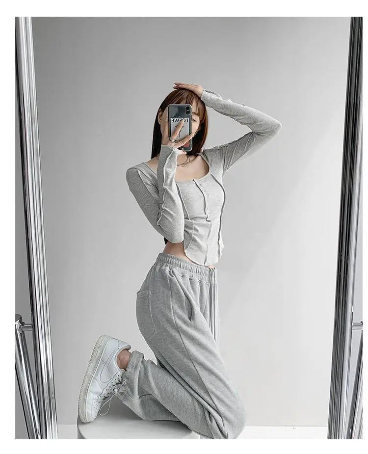 y2k Women T-shirt Single Breasted Long Sleeve Tees Patchwork Square Neck Cropped Tops - Blade & Thread