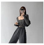 y2k Women T-shirt Single Breasted Long Sleeve Tees Patchwork Square Neck Cropped Tops nowadaysfashion