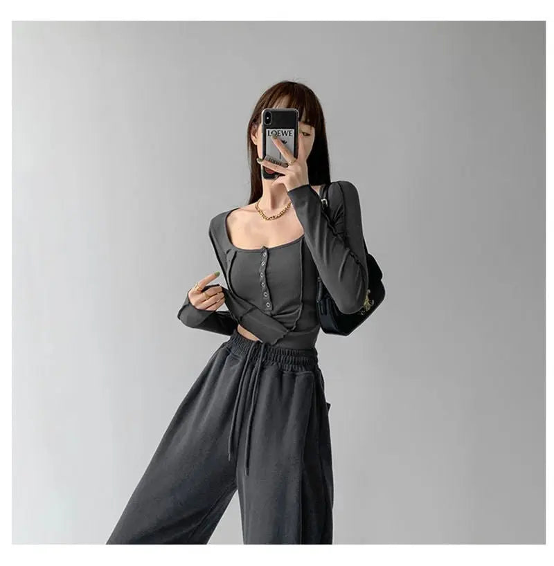 y2k Women T-shirt Single Breasted Long Sleeve Tees Patchwork Square Neck Cropped Tops nowadaysfashion