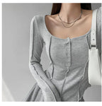y2k Women T-shirt Single Breasted Long Sleeve Tees Patchwork Square Neck Cropped Tops nowadaysfashion