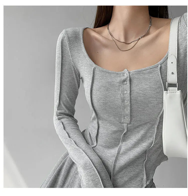 y2k Women T-shirt Single Breasted Long Sleeve Tees Patchwork Square Neck Cropped Tops - Blade & Thread