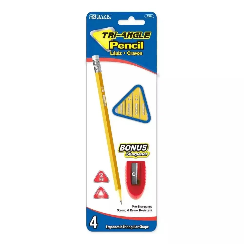 Yellow Pencil 2 Triangle (4/Pack) w/ Sharpener - Blade & Thread