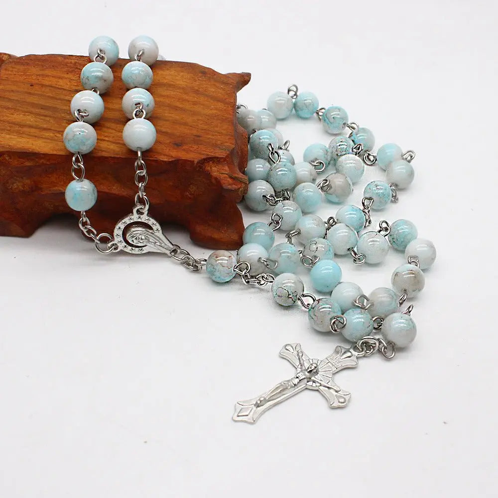 Zebra Blue Rosary Necklace Cross Necklace nowadaysfashion