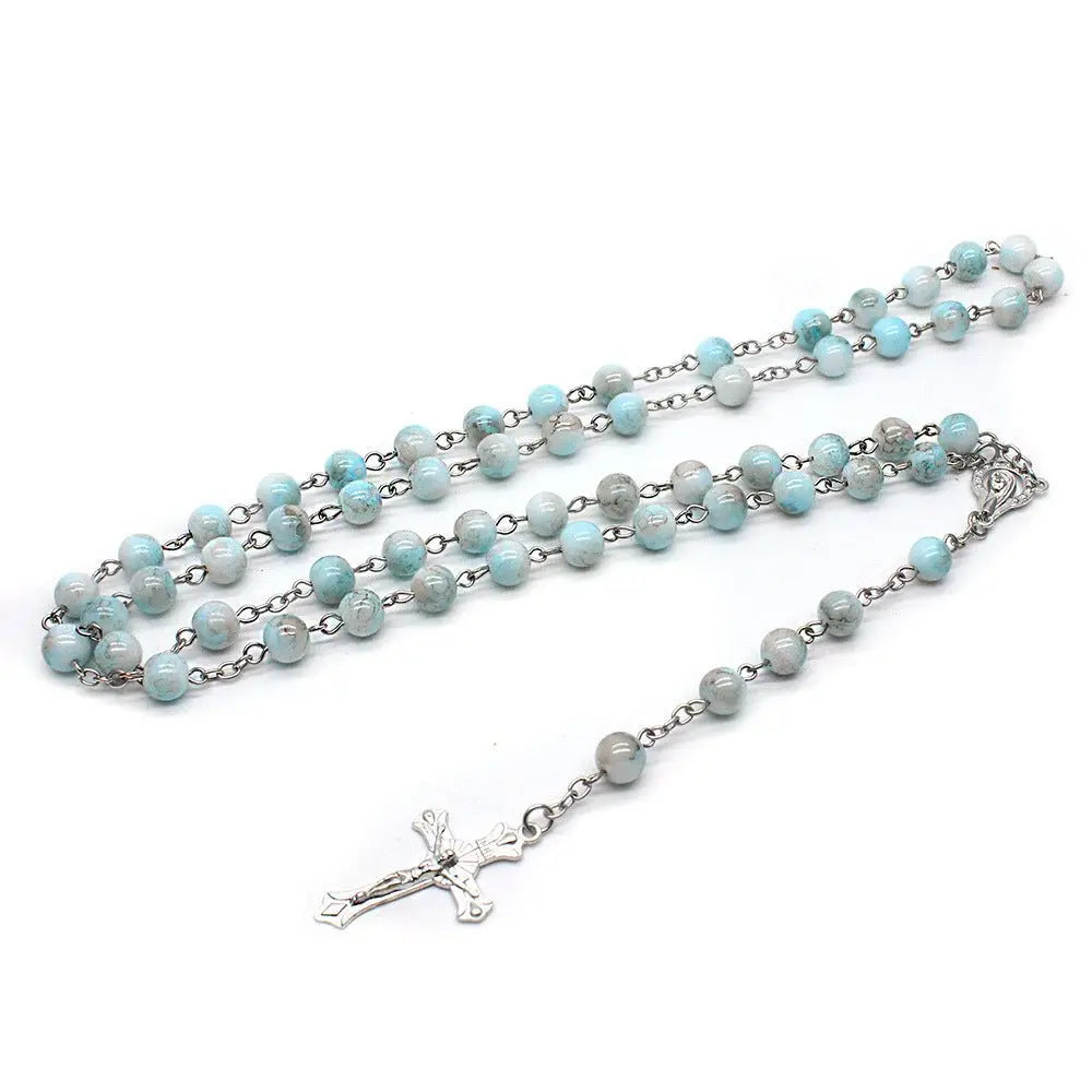 Zebra Blue Rosary Necklace Cross Necklace - Blade & Thread