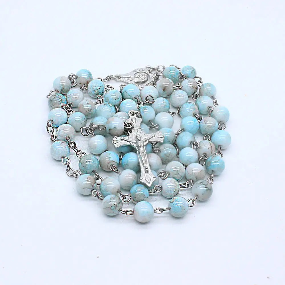 Zebra Blue Rosary Necklace Cross Necklace - Blade & Thread