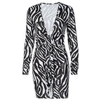 Zebra Print Long Sleeve V-Neck Bandage Sexy Mini Dress Streetwear Outfits Party Wear nowadaysfashion