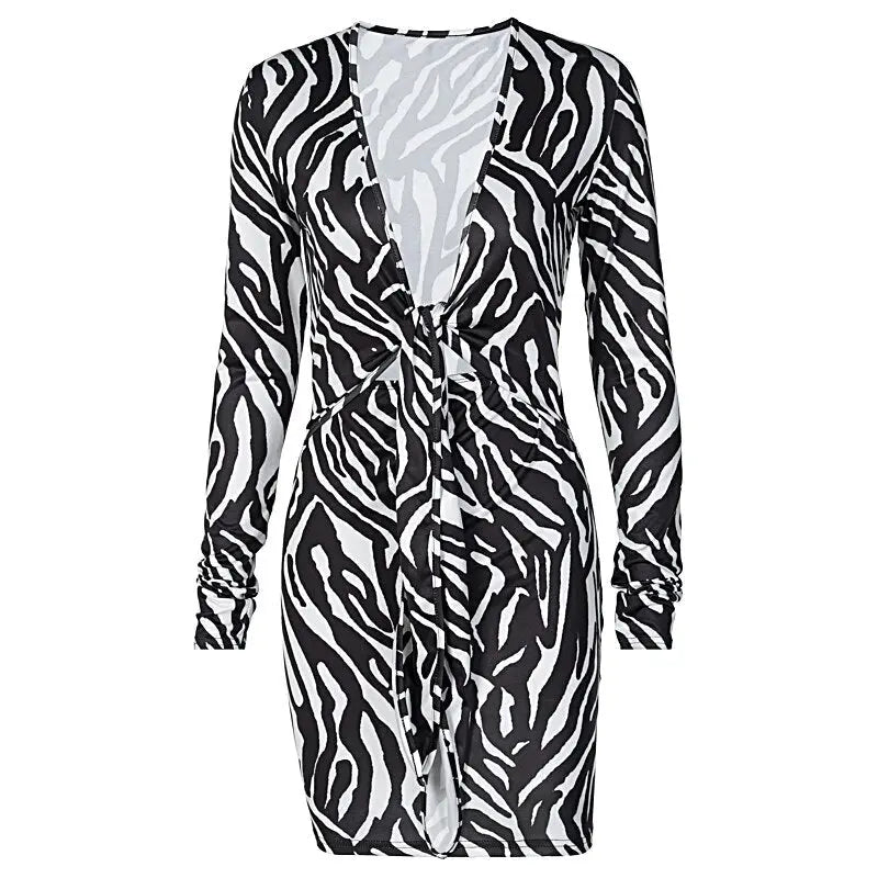 Zebra Print Long Sleeve V-Neck Bandage Sexy Mini Dress Streetwear Outfits Party Wear - Blade & Thread