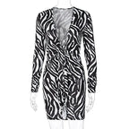 Zebra Print Long Sleeve V-Neck Bandage Sexy Mini Dress Streetwear Outfits Party Wear nowadaysfashion