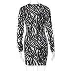 Zebra Print Long Sleeve V-Neck Bandage Sexy Mini Dress Streetwear Outfits Party Wear nowadaysfashion