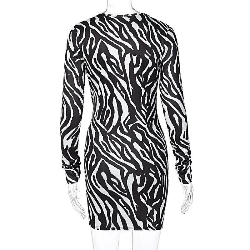 Zebra Print Long Sleeve V-Neck Bandage Sexy Mini Dress Streetwear Outfits Party Wear nowadaysfashion